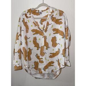 Sheridan French Womens Scuba Knit Blouse Sz XS Cream Tiger Novelty Print Resort